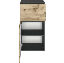 Meuble bas de salle de bains avec une porte et un tiroir aspect bois, corps anthracite, vue intérieure avec deux compartiments.