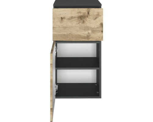 Meuble bas de salle de bains avec une porte et un tiroir aspect bois, corps anthracite, vue intérieure avec deux compartiments.