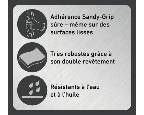 Symboles pour une adhérence Sandy-Grip sûre, même sur des surfaces lisses, une grande robustesse grâce à un double revêtement, une résistance à l'eau et à l'huile