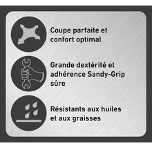 Coupe parfaite et confort optimal symbole, Grande dextérité et adhérence Sandy-Grip sûre symbole, Résistance aux huiles et aux graisses symbole