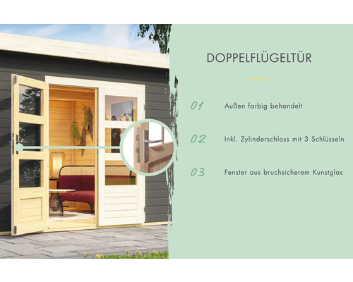 Porte à double battant avec serrure à cylindre et verre synthétique incassable