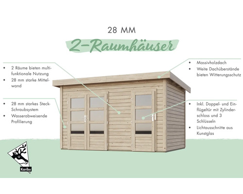 Abri de jardin avec deux pièces, épaisseur de paroi de 28 millimètres et toit en bois massif