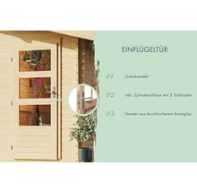 Porte à simple vantail en bois non traité avec trois fenêtres en verre synthétique incassable et serrure à cylindre avec trois clés.