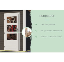 Porte à un vantail avec trois fenêtres en verre synthétique et serrure à cylindre