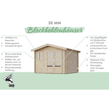Maison en madriers avec toit en pente, porte à double battant, fenêtre et madriers de 38 mm d'épaisseur
