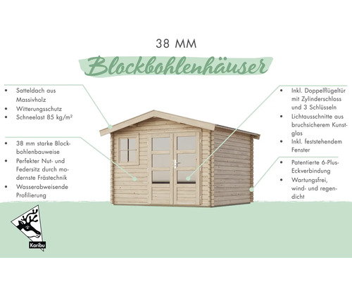 Maison en madriers avec toit en pente, porte à double battant, fenêtre et madriers de 38 mm d'épaisseur