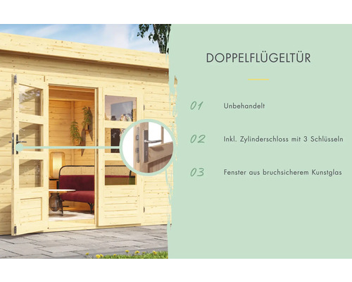 Porte à deux battants pour abri de jardin, non traitée, avec serrure à cylindre et trois clés, fenêtres en verre synthétique incassable