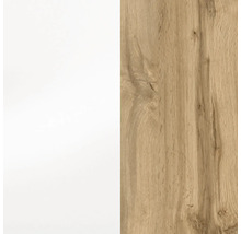 Surface de meuble combinant une zone blanche et une zone avec un aspect bois de chêne et veinage.