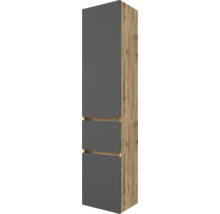 Armoire haute de salle de bains avec façades grises et corps aspect bois.
