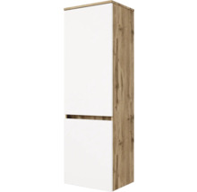 Colonne de salle de bain à deux portes, corps aspect chêne et façades blanches, design sans poignée.
