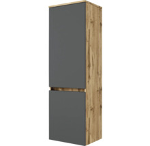 Armoire haute de salle de bain avec deux portes grises et corps aspect chêne.