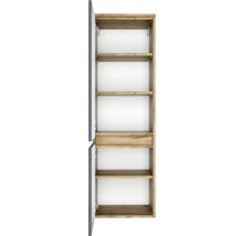 Armoire haute avec porte ouverte, intérieur aspect bois avec plusieurs étagères et un compartiment au milieu.