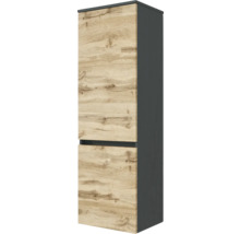 Armoire de salle de bain haute avec deux portes, corps en anthracite et façades en aspect chêne, design sans poignée.