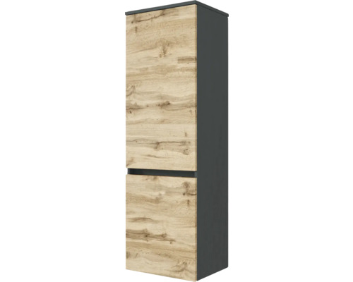 Armoire de salle de bain haute avec deux portes, corps en anthracite et façades en aspect chêne, design sans poignée.