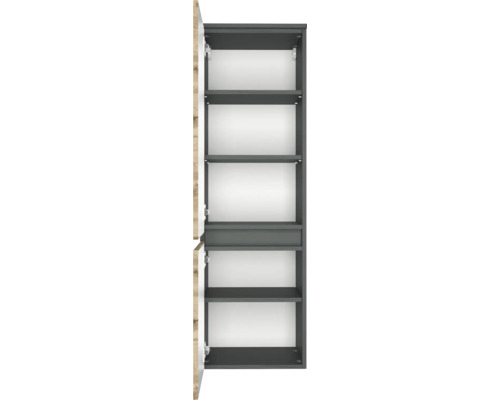 Armoire haute de salle de bains ouverte avec plusieurs compartiments, corps gris foncé et porte décor bois.