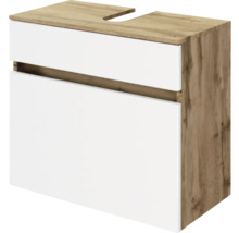 Meuble sous-vasque avec corps aspect chêne et façades blanches. Comprend une découpe pour siphon et un design sans poignée.