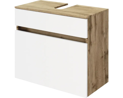 Meuble sous-vasque avec corps aspect chêne et façades blanches. Comprend une découpe pour siphon et un design sans poignée.