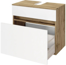 Meuble sous-vasque avec deux tiroirs, corps en aspect chêne, façades en blanc, avec découpe pour siphon.