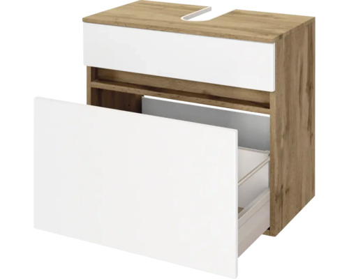 Meuble sous-vasque avec deux tiroirs, corps en aspect chêne, façades en blanc, avec découpe pour siphon.