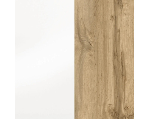 Surface de meuble combinant une zone blanche et une zone avec un aspect bois de chêne et veinage.