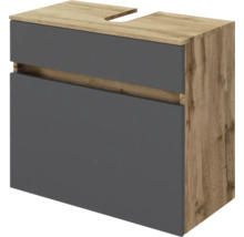 Meuble sous-vasque en aspect chêne avec deux tiroirs sans poignées anthracite et découpe pour siphon.