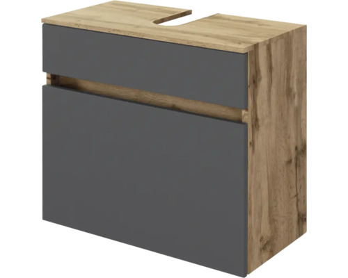 Meuble sous-vasque en aspect chêne avec deux tiroirs sans poignées anthracite et découpe pour siphon.