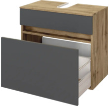 Meuble sous-lavabo suspendu avec corps en bois et deux tiroirs gris foncé, partie supérieure avec découpe pour siphon.