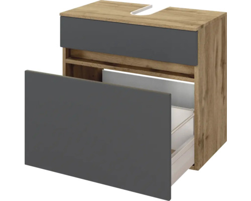 Meuble sous-lavabo suspendu avec corps en bois et deux tiroirs gris foncé, partie supérieure avec découpe pour siphon.