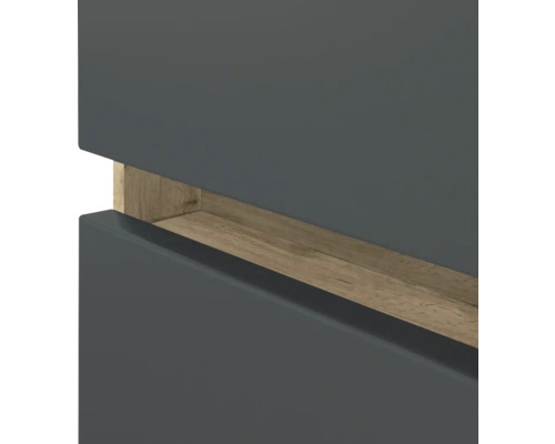 Vue détaillée d'une façade de meuble anthracite avec poignée encastrée aspect bois.