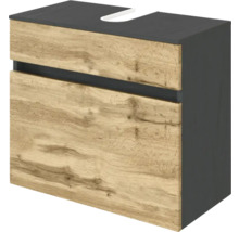 Meuble sous-vasque avec deux tiroirs aspect bois et corps anthracite avec découpe pour siphon.