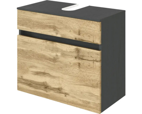 Meuble sous-vasque avec deux tiroirs aspect bois et corps anthracite avec découpe pour siphon.