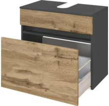 Meuble sous-vasque avec un tiroir, corps anthracite et façade aspect chêne, découpe pour siphon.