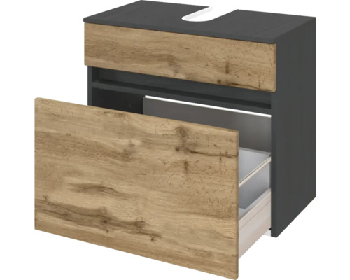 Meuble sous-vasque avec un tiroir, corps anthracite et façade aspect chêne, découpe pour siphon.