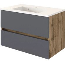 Waschtischunterschrank inklusive Waschbecken, zwei graue Schubladen, Korpus in Eichenoptik, weißes Waschbecken.