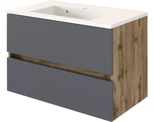 Waschtischunterschrank inklusive Waschbecken, zwei graue Schubladen, Korpus in Eichenoptik, weißes Waschbecken.