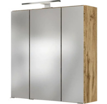 Dreitüriger Badezimmer-Spiegelschrank mit Holzkorpus und aufgesetzter LED-Leuchte.
