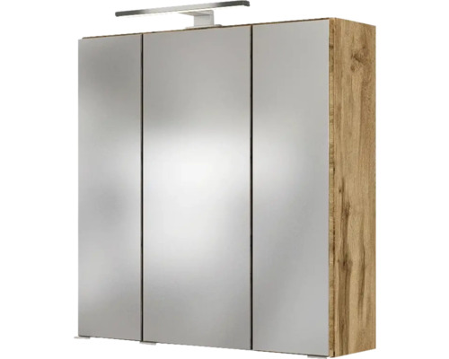 Dreitüriger Badezimmer-Spiegelschrank mit Holzkorpus und aufgesetzter LED-Leuchte.