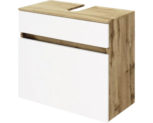 Waschtischunterschrank wandhängend mit weißer Front, Korpus in Holzoptik und Siphonausschnitt.