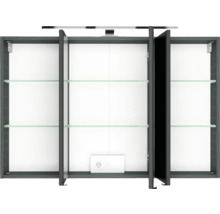 Offener Badezimmer-Spiegelschrank mit drei Fächern, Glaseinlegeböden, integrierter Steckdose und Schalter. Rahmen in Anthrazit.