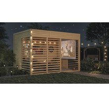Maison de jardin en bois avec cuisine extérieure, écran de projection et jeu de fléchettes dans le jardin de nuit