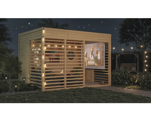 Maison de jardin en bois avec cuisine extérieure, écran de projection et jeu de fléchettes dans le jardin de nuit