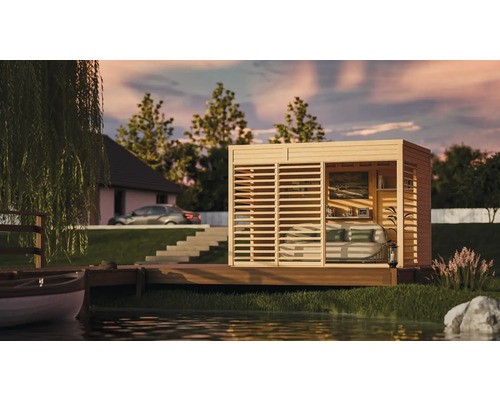 Abri de jardin en bois avec des lamelles horizontales sur une plateforme en bois au bord du lac