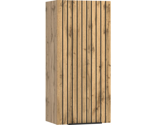 Armoire avec lattes verticales noires et décor aspect bois chêne.