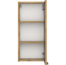 Armoire murale ouverte aspect chêne avec deux étagères et paroi intérieure blanche.