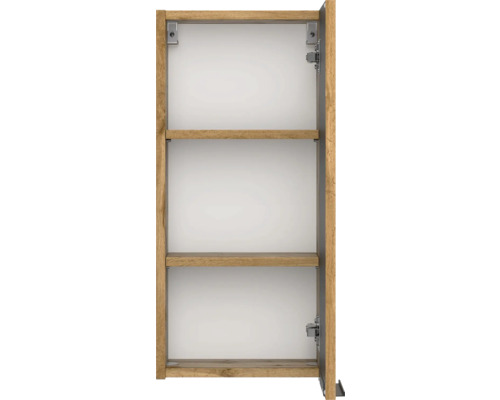 Armoire murale ouverte aspect chêne avec deux étagères et paroi intérieure blanche.