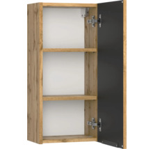 Armoire murale aspect chêne avec deux étagères et porte ouverte gris foncé.