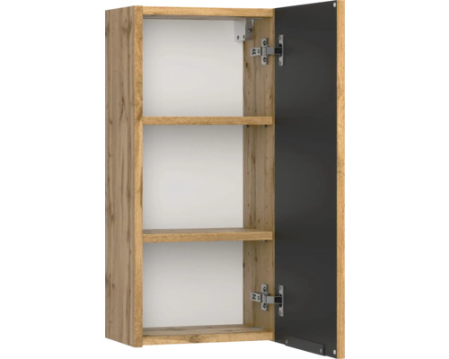 Armoire murale aspect chêne avec deux étagères et porte ouverte gris foncé.