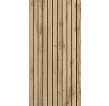 Panneau mural avec lattes verticales en bois aspect chêne et espaces noirs.