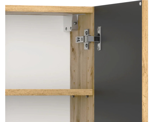 Vue détaillée d'une charnière de meuble en métal sur un corps en aspect bois avec une porte sombre et une étagère.