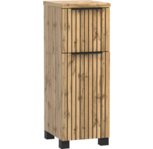 Meuble de salle de bain aspect chêne avec des lattes verticales noires, deux portes et des poignées noires.